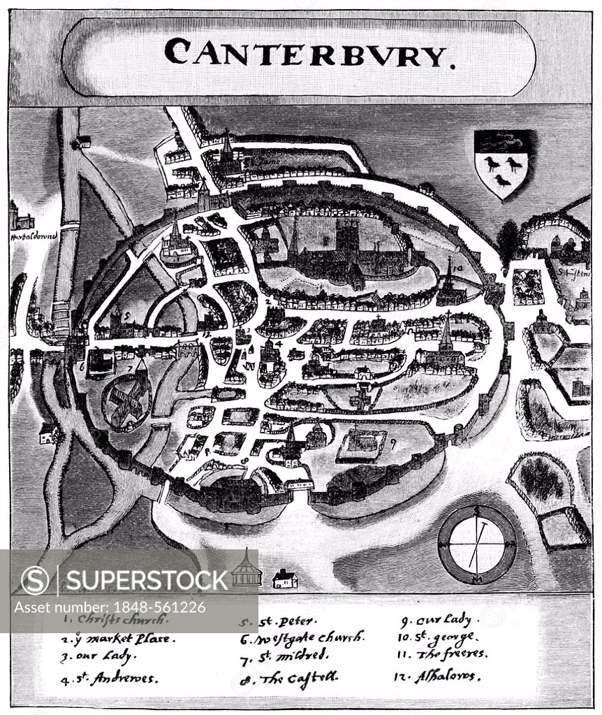 Historical illustration from the 19th Century, map of Canterbury in the 15th Century, Kent, England