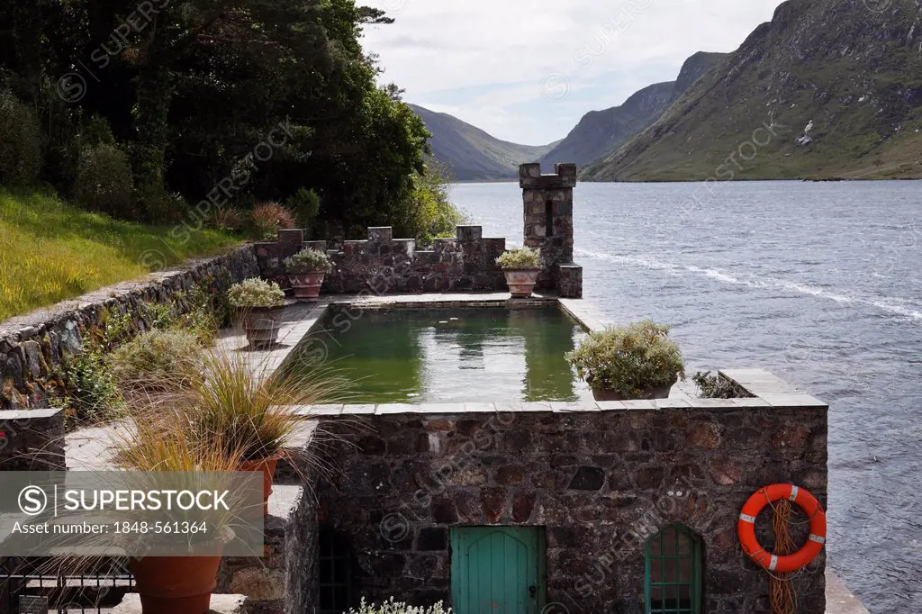 Pool and boathouse on Lough Veagh, Glenveagh Castle and Gardens, Glenveagh National Park, County Donegal, Ireland, Europe