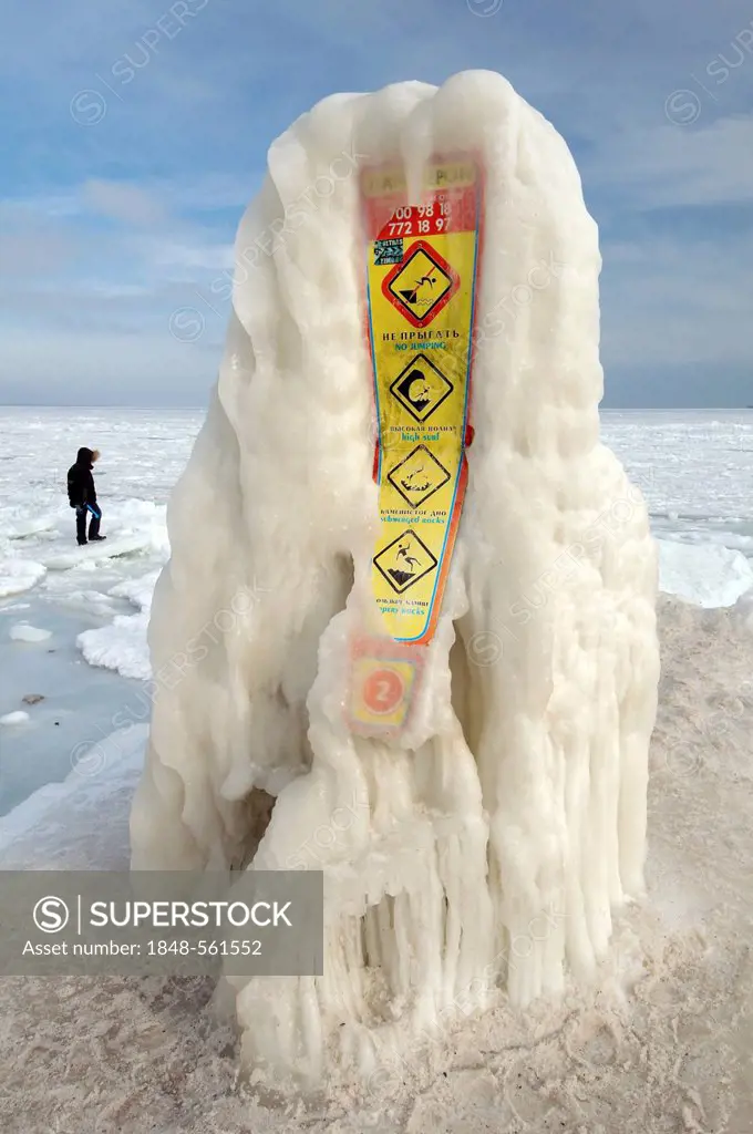 Icy sign, no diving, frozen Black Sea, a rare phenomenon, Odessa, Ukraine, Eastern Europe