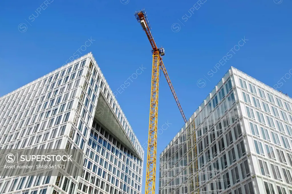 Construction site at Ericusspitze, construction crane between two new office buildings, HafenCity, Hamburg, Germany, Europe