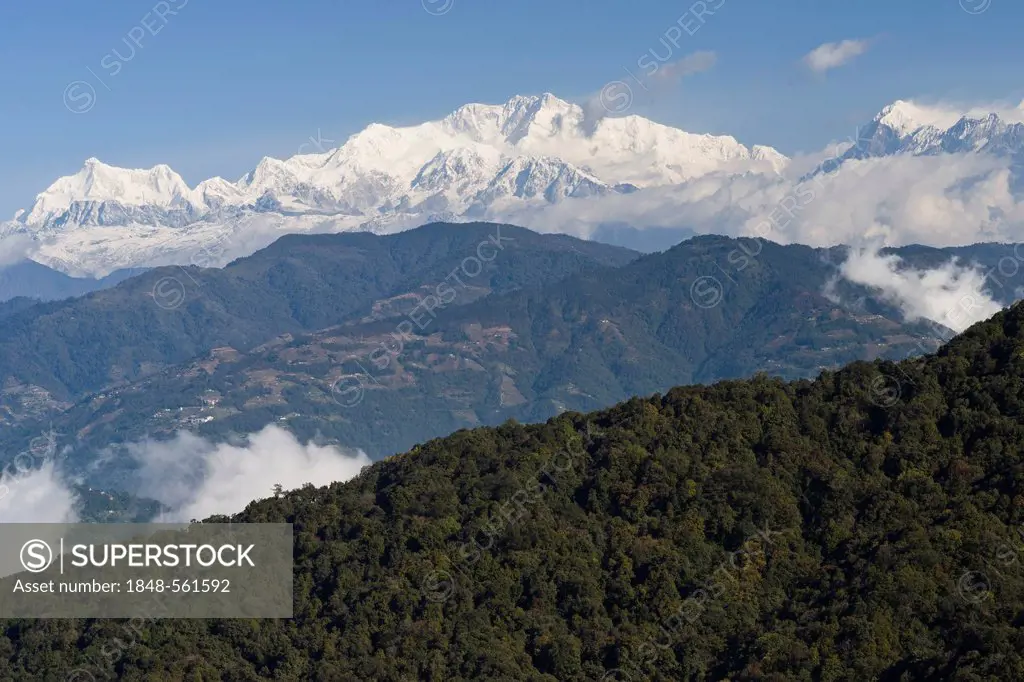 View from West Bengal, India, towards the Kangchenjunga on the border between Sikkim and Nepal, Asia