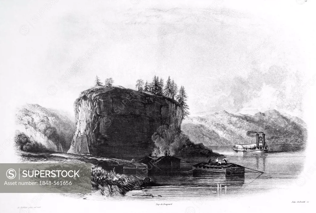 Tower Rock, view from the Mississippi, illustration from Travels in the Interior of North America, 1832-1834, by Prince Maximilian of Wied, illustrati...