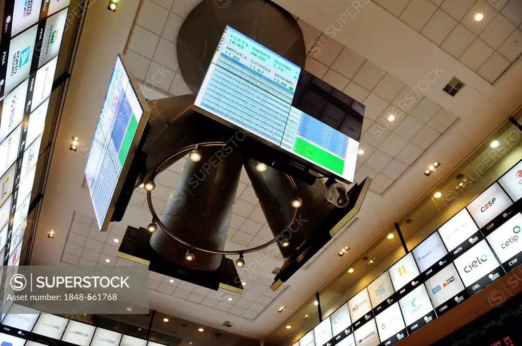 Computer monitors and displays with stock market prices, visitor centre of Bovespa, the Sao Paulo Stock Exchange, Brazil, South America