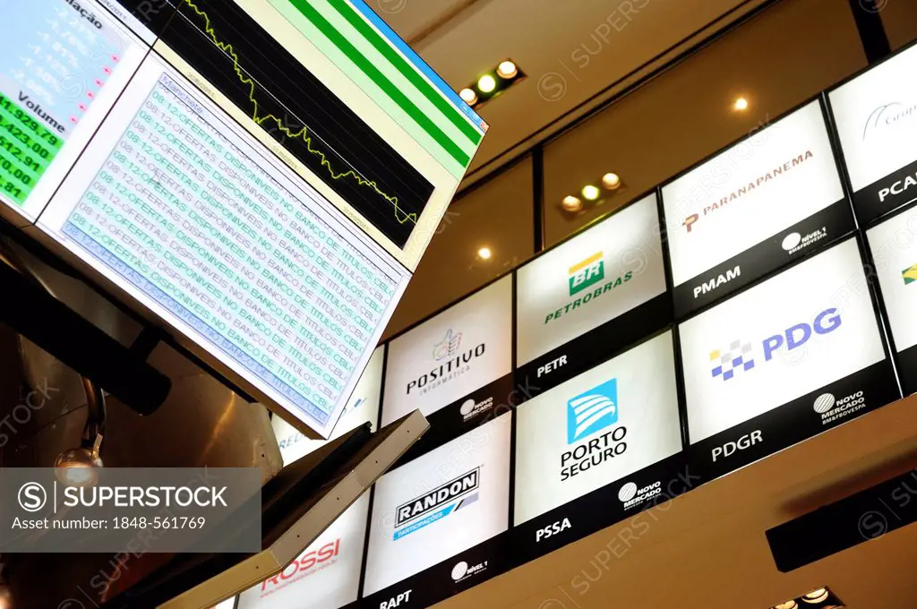 Display of stock market prices and logos of Brazilian companies, visitor centre of Bovespa, the Sao Paulo Stock Exchange, Brazil, South America