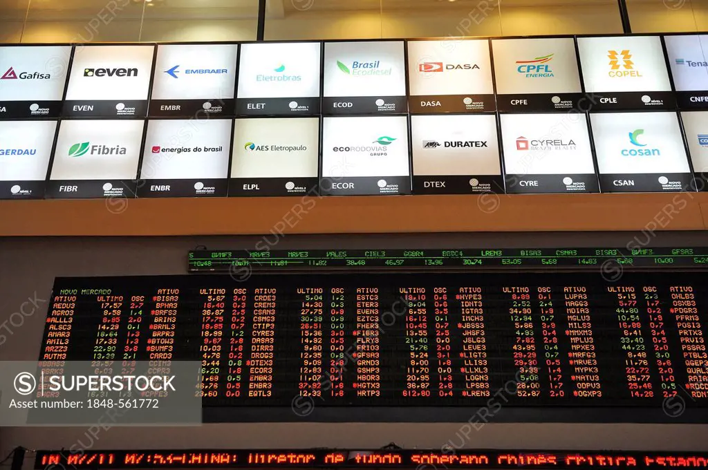 Display of stock market prices and logos of Brazilian companies, visitor centre of Bovespa, the Sao Paulo Stock Exchange, Brazil, South America