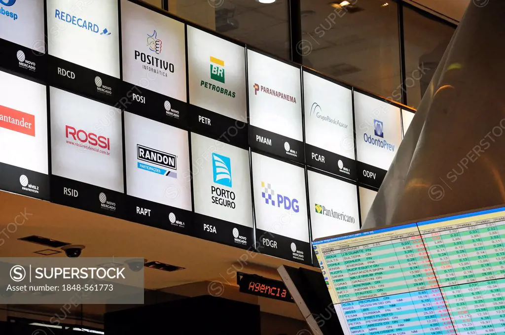 Logos of listed Brazilian companies, visitor centre of Bovespa, the Sao Paulo Stock Exchange, Brazil, South America