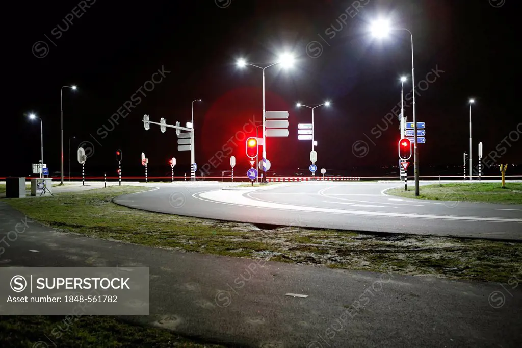 Intersection at night, Oostwestweg N57, near Kamperland, Zeeland, Holland, Netherlands, Europe