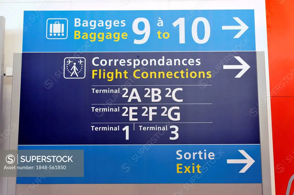 Sign to connecting flights, Charles de Gaulle Airport, Paris, France, Europe