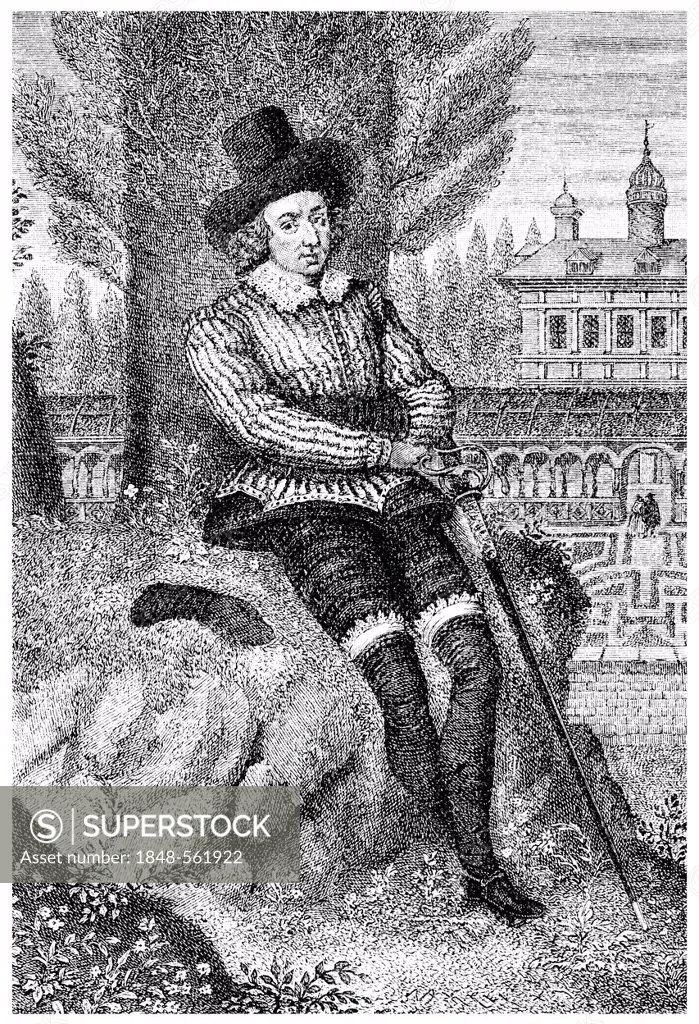 Historical illustration from the 19th Century, portrait of Sir Philip Sidney, 1554 - 1586, an English statesman, soldier and writer