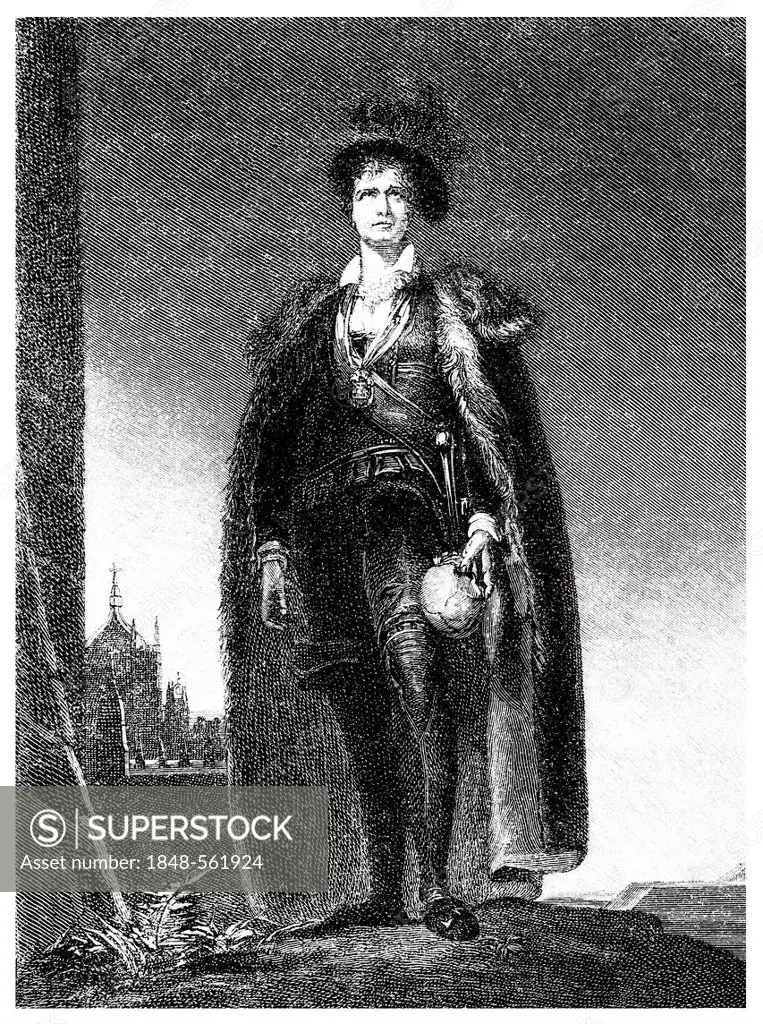 Historical illustration from the 19th Century, portrait of Charles Kemble, 1775 - 1854, a British actor, here as Hamlet