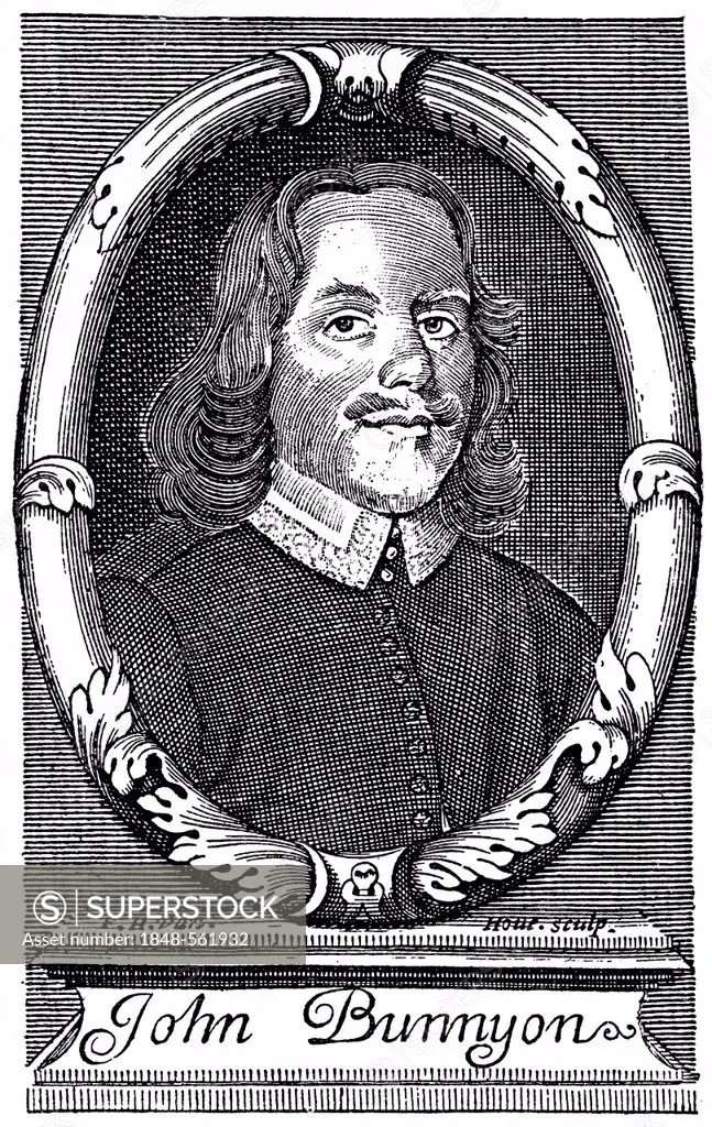 Historical illustration from the 19th Century, portrait of John Bunyan, 1628 - 1688, an English Baptist preacher and writer