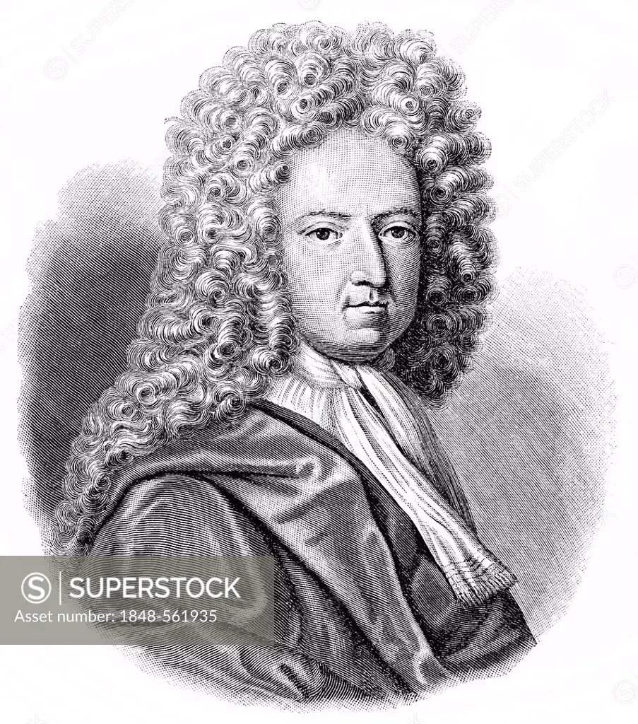 Historical illustration from the 19th Century, portrait of Daniel Defoe, 1661 - 1731, an English dealer, writer and journalist, author of Robinson Cru...