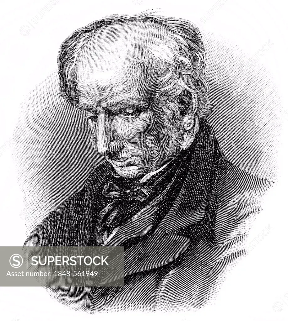 Historical illustration from the 19th Century, portrait of William Wordsworth, 1770 - 1850, a British poet of the English Romantic