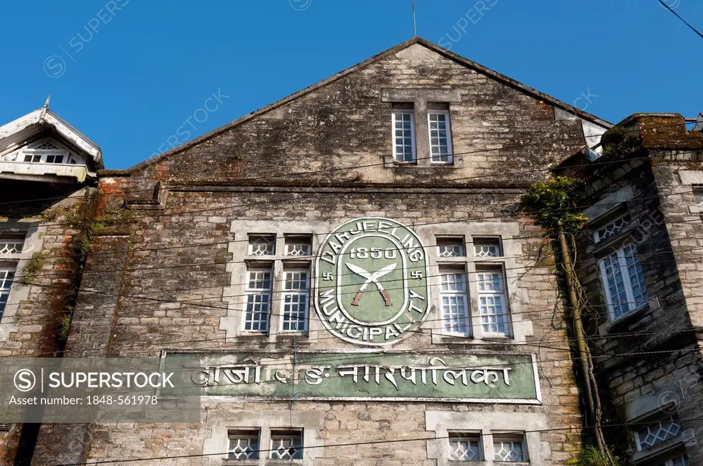 Old British colonial building, sign Darjeeling Municipality, Himalayan foothills, West Bengal, India, South Asia, Asia