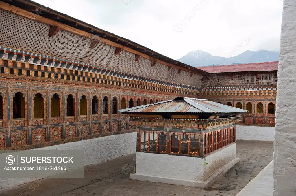 Tibetan Buddhism, ornate wood carvings, courtyard, Tango Goemba Monastery near Thimphu, the Himalayas, Kingdom of Bhutan, South Asia, Asia