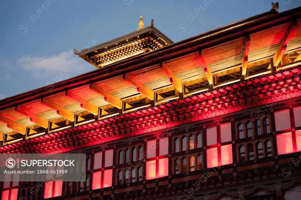 Building illuminated with coloured lights, seat of the government, Tashichho Dzong, capital of Thimphu, the Himalayas, Kingdom of Bhutan, South Asia, ...