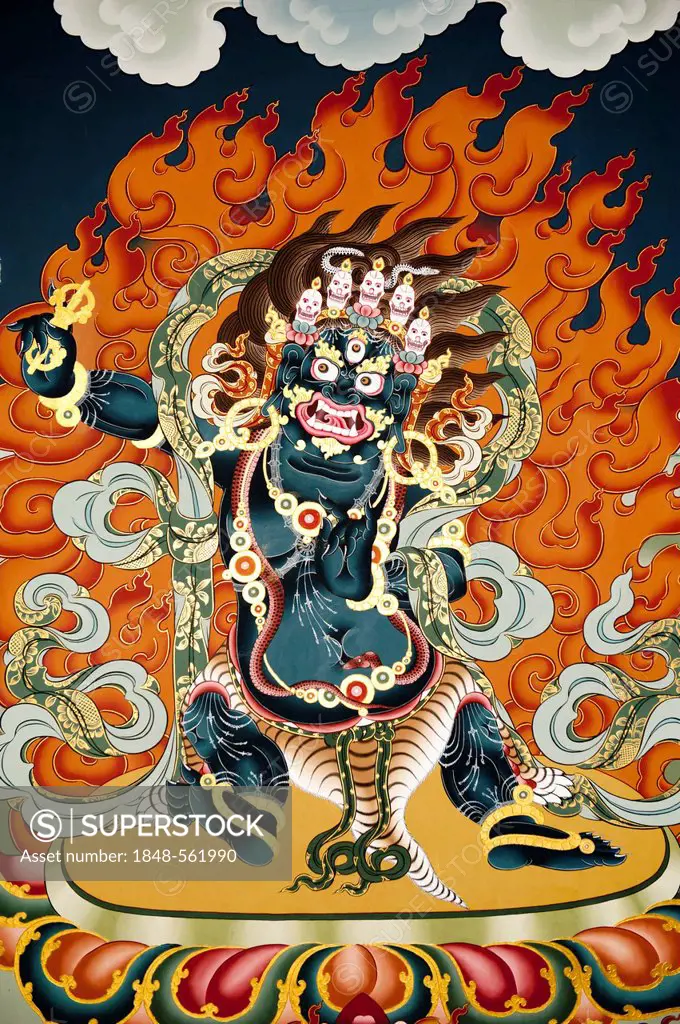 Tibetan Buddhism, blue demon in flames, Vighnanthaka, Vighnari, keeper of the mandalas, Tashichho Dzong, seat of the government, capital of Thimphu, t...