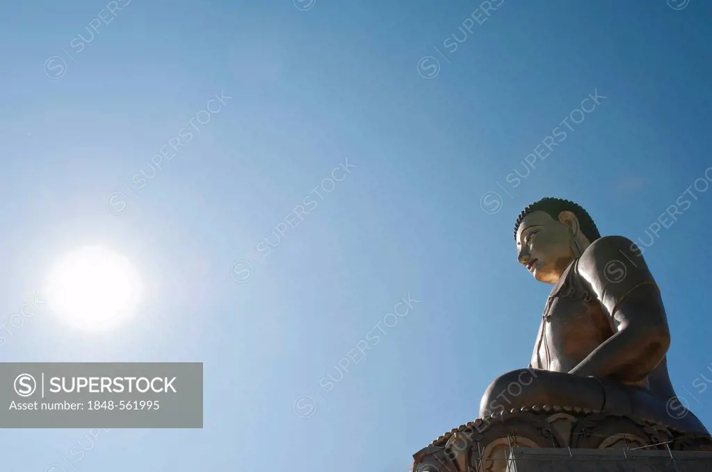 Enlightenment, Tibetan Buddhism, the Big Buddha Statue, big Buddha looking into the light, bronze statue, Thimphu, the Himalayas, Kingdom of Bhutan, S...