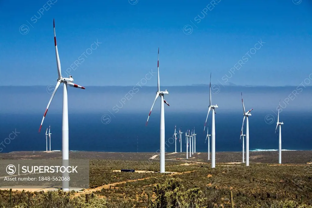 18-MW wind energy plant, built by Endesa in December 2009 in the no man's land between the Pan-American Highway and the Pacific Ocean, Los Vilos, Chil...