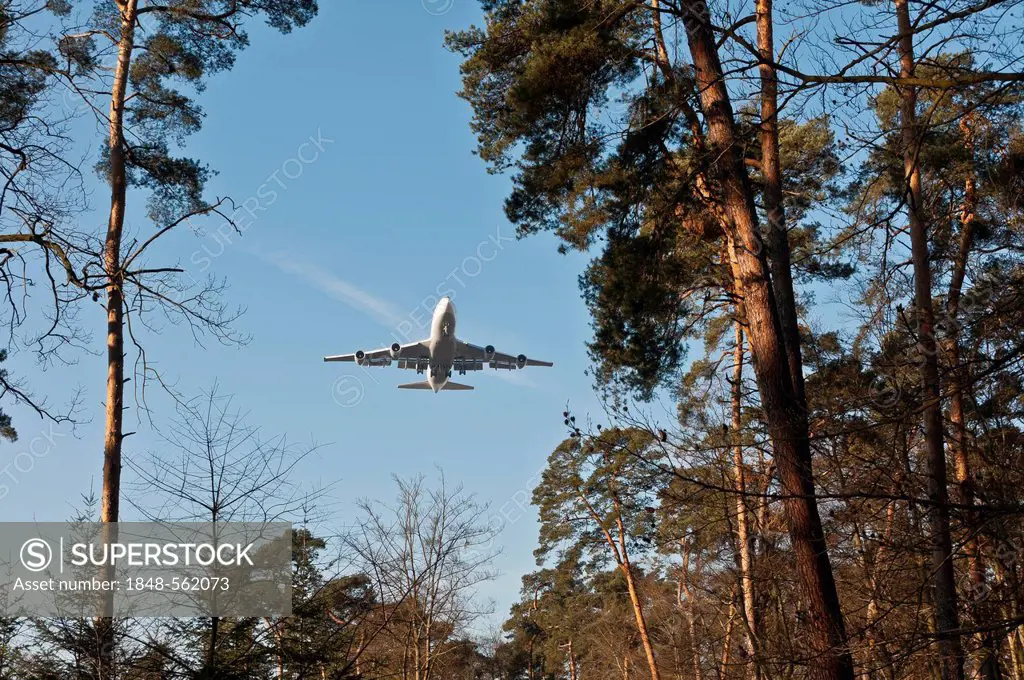 Lufthansa Boeing 747-400 approaching to land over Frankfurt's city forest, Frankfurt, Hesse, Germany, Europe
