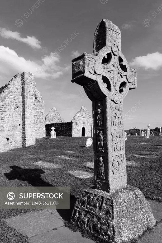 Copy of a high cross, Cross of the Scriptures, Clonmacnoise Monastery, County Offaly, Leinster, Ireland, Europe