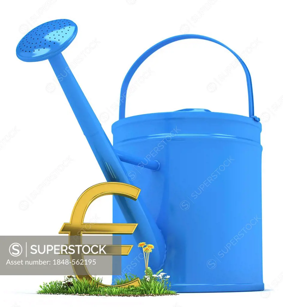 Watering can beside a euro symbol, symbolic image of a euro plant, illustration, 3D visualisation