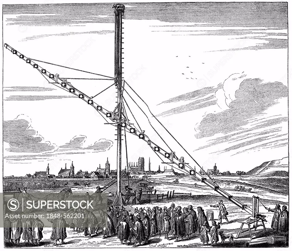 Historical illustration from the 19th Century, a giant telescope from a German scholar in the 18th Century, Danzig, now Poland