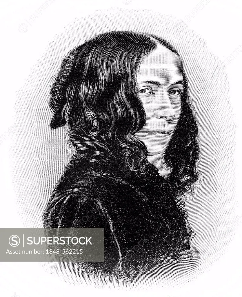 Historical illustration from the 19th Century, portrait of Elizabeth Barrett Browning, an English poet, 1806 - 1861