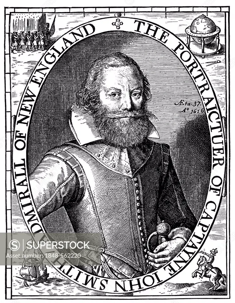 Historical illustration from the 19th Century, portrait of Captain John Smith, 1579 - 1631, English colonist in America