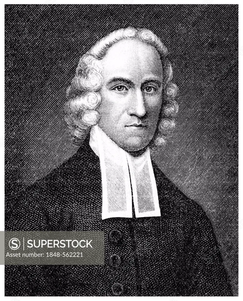 Historical illustration from the 19th Century, portrait of Jonathan Edwards, 1703 - 1758, an American, New England preacher, missionary and leader of ...