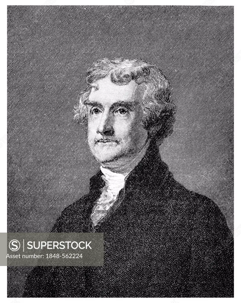 Historical illustration from the 19th Century, portrait of Thomas Jefferson, 1743 - 1826, the third president of the United States, author of the Decl...