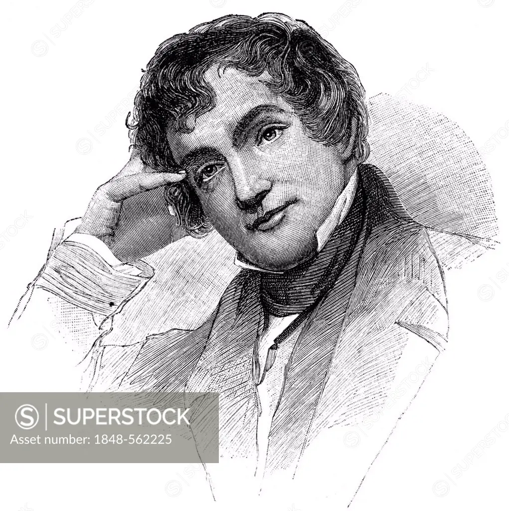 Historical illustration from the 19th Century, portrait of Washington Irving, 1783 - 1859, an American writer