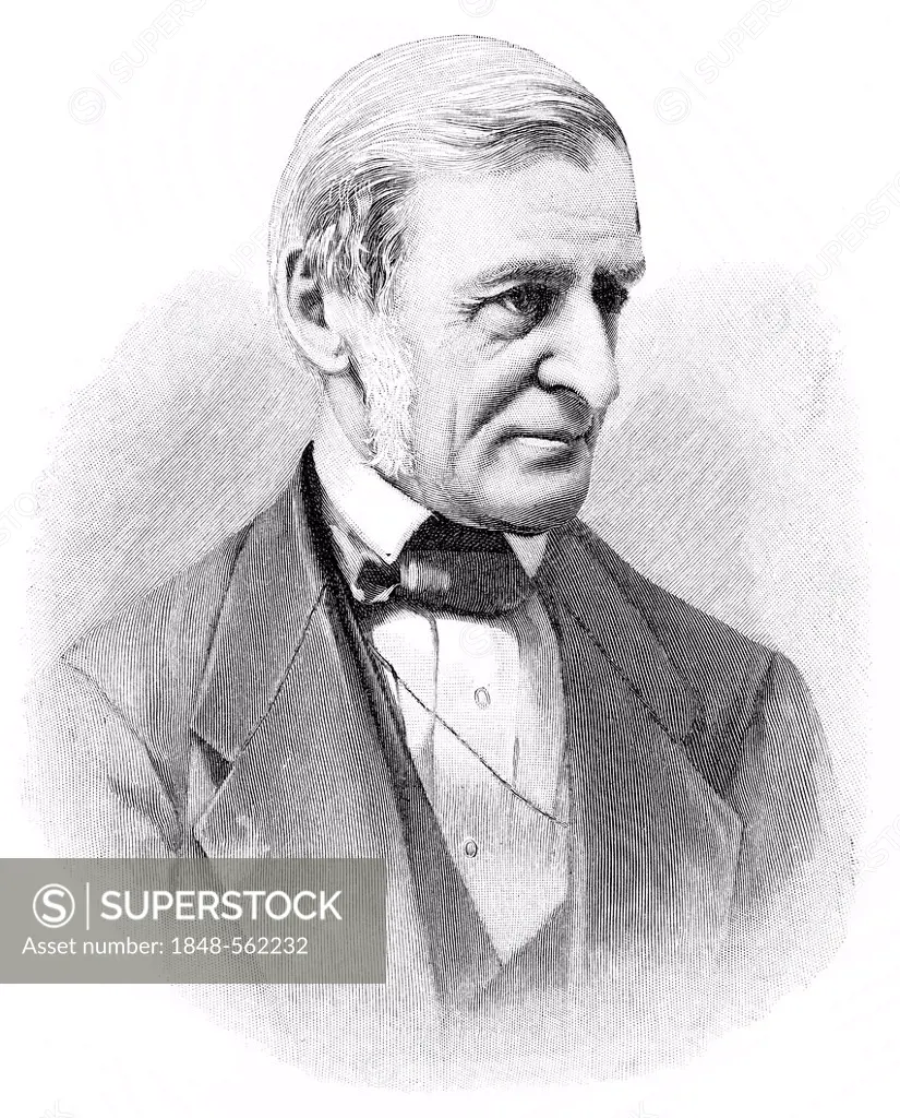 Historical illustration from the 19th Century, portrait of Ralph Waldo Emerson, 1803 - 1882, an American philosopher and poet