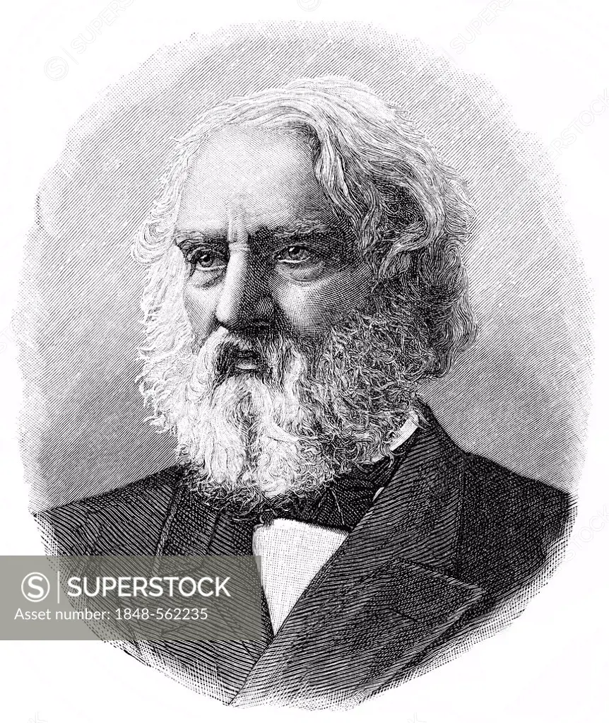 Historical illustration from the 19th Century, portrait of Henry Wadsworth Longfellow, 1807 - 1882, an American writer, poet, translator and playwrigh...