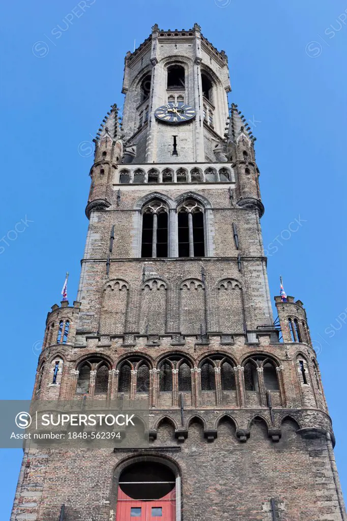 Belfry or bell tower of Belfort, Grote Markt market square, historic city centre of Bruges, UNESCO World Heritage Site, West Flanders, Flemish Region,...