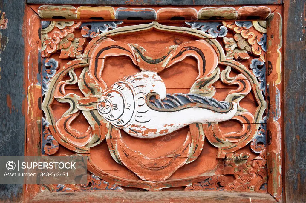 Tibetan Buddhism, decorative wood carving, conch, Tango Goemba Monastery, near Thimphu, the Himalayas, Kingdom of Bhutan, South Asia, Asia