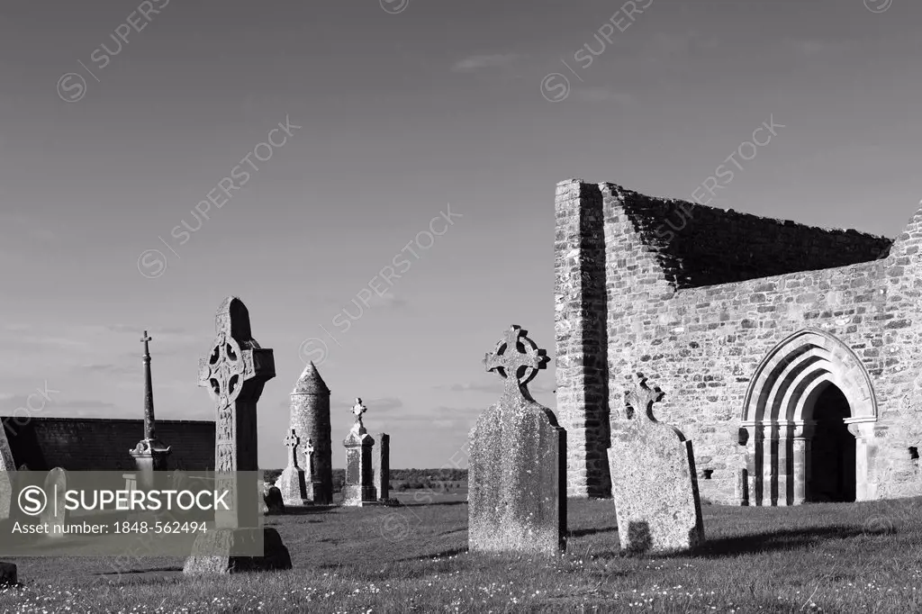 Copy of a high cross, Cross of the Scriptures, and the cathedral, Clonmacnoise Monastery, County Offaly, Leinster, Ireland, Europe