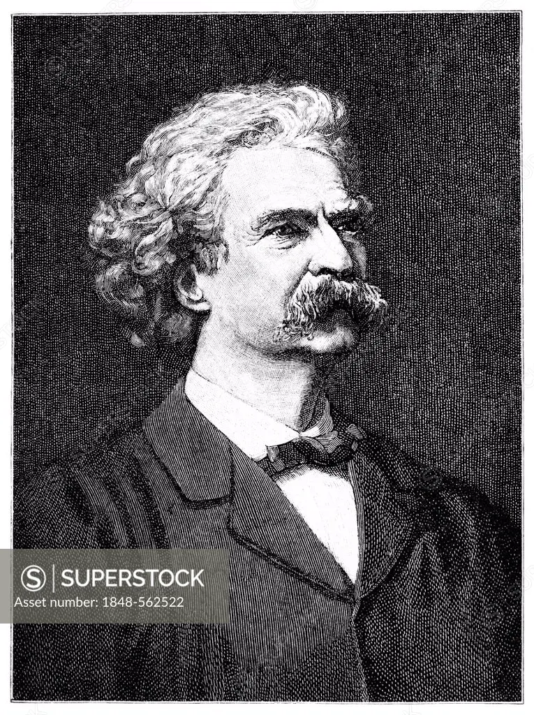 Historical illustration from the 19th Century, portrait of Samuel Langhorne Clemens or Mark Twain, 1835 - 1910, an American writer, author of The Adve...