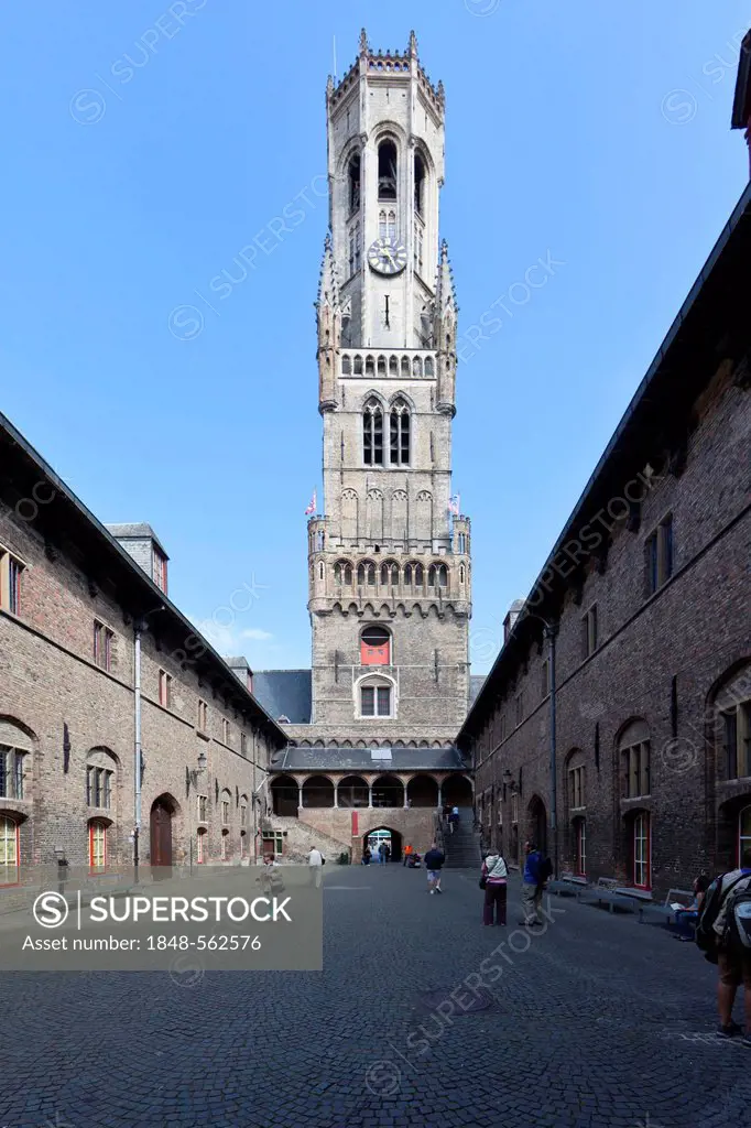 Belfry or bell tower of Belfort, Grote Markt market square, historic city centre of Bruges, UNESCO World Heritage Site, West Flanders, Flemish Region,...