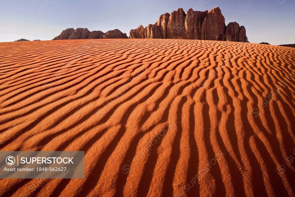 Red sand dunes, rocks, Wadi Rum Desert, Jordan, Middle East, Asia