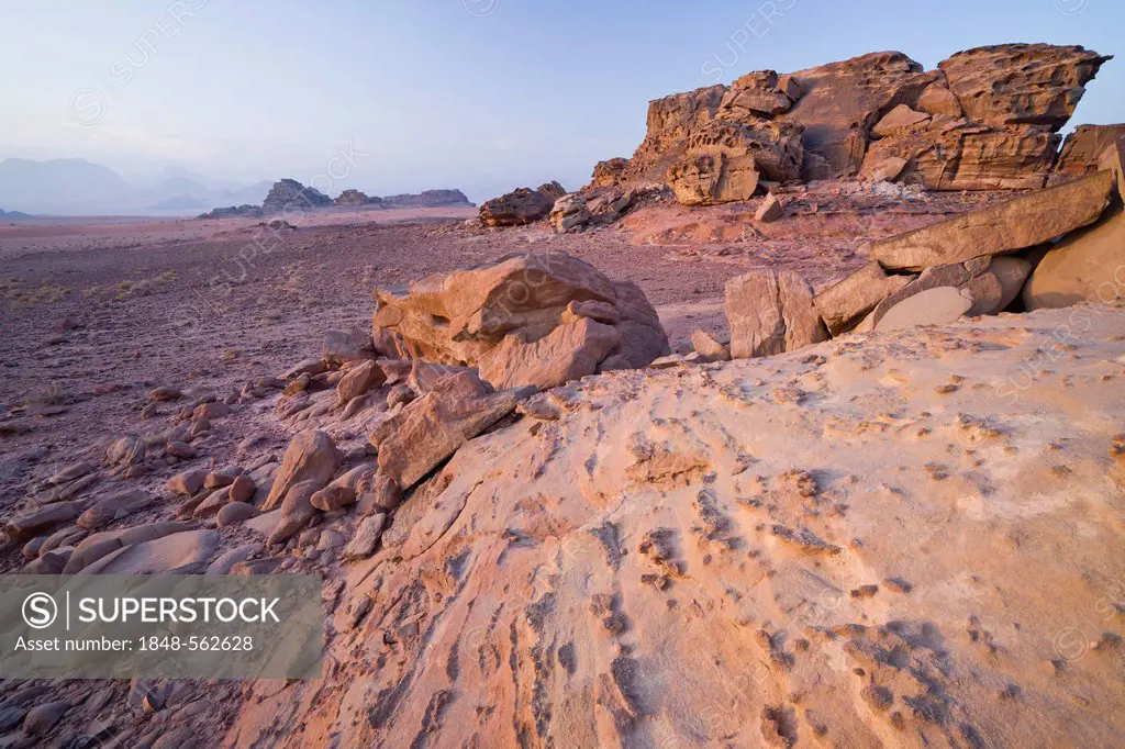 Rocks in the morning light, Wadi Rum Desert, Jordan, Middle East, Asia
