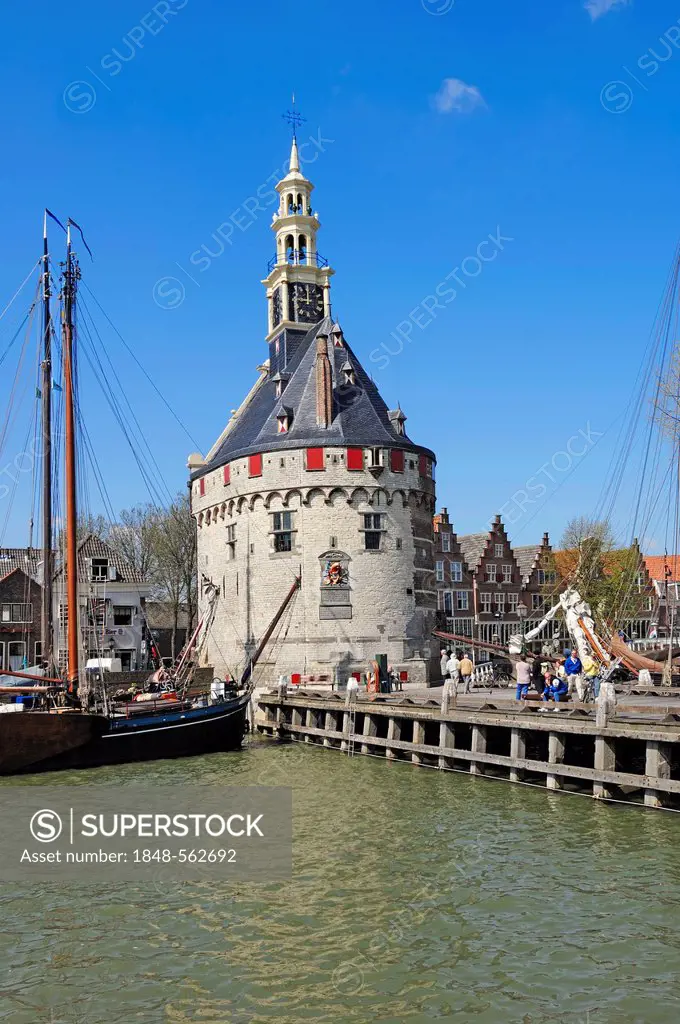 Hoofdtoren tower and ships in the harbour, Hoorn, North Holland, Holland, Netherlands, Europe