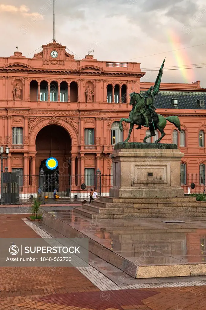 Casa Rosada, Pink House, the official seat of the Argentine government and the offices of the State President, with a rainbow, Buenos Aires, Argentina...