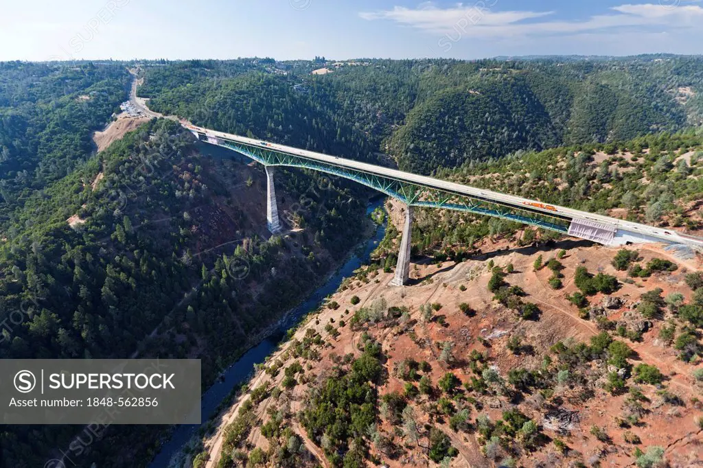 Foresthill Bridge, the highest bridge in California, crossing the North Arm, North Fork, American River, aerial view, Auburn, California, USA, North A...