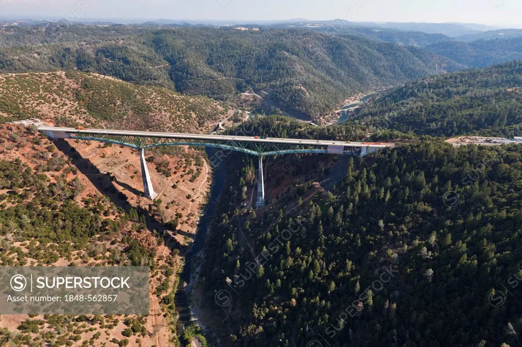 Foresthill Bridge, the highest bridge in California, crossing the North Arm, North Fork, American River, aerial view, Auburn, California, USA, North A...