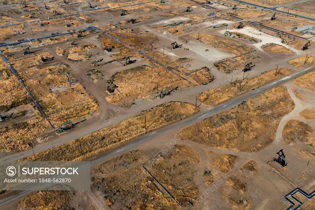 Aerial view, oil field of the Chevron Corporation in Central Valley, Coalinga, California, USA, North America