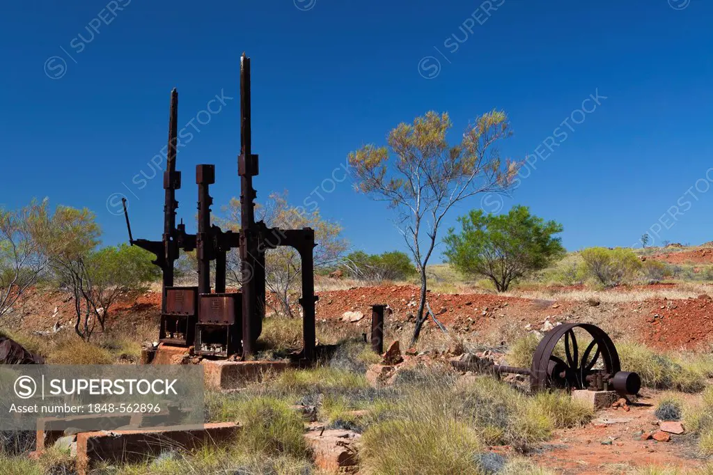 Rusty equipment from a long abandoned gold mine in Western Australia's outback, Marble Bar, Western Australia, Australia