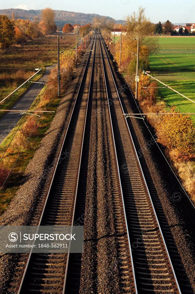 Double-track railway line between Bamberg and Schweinfurt, Theres, Lower Franconia, Bavaria, Germany, Europe