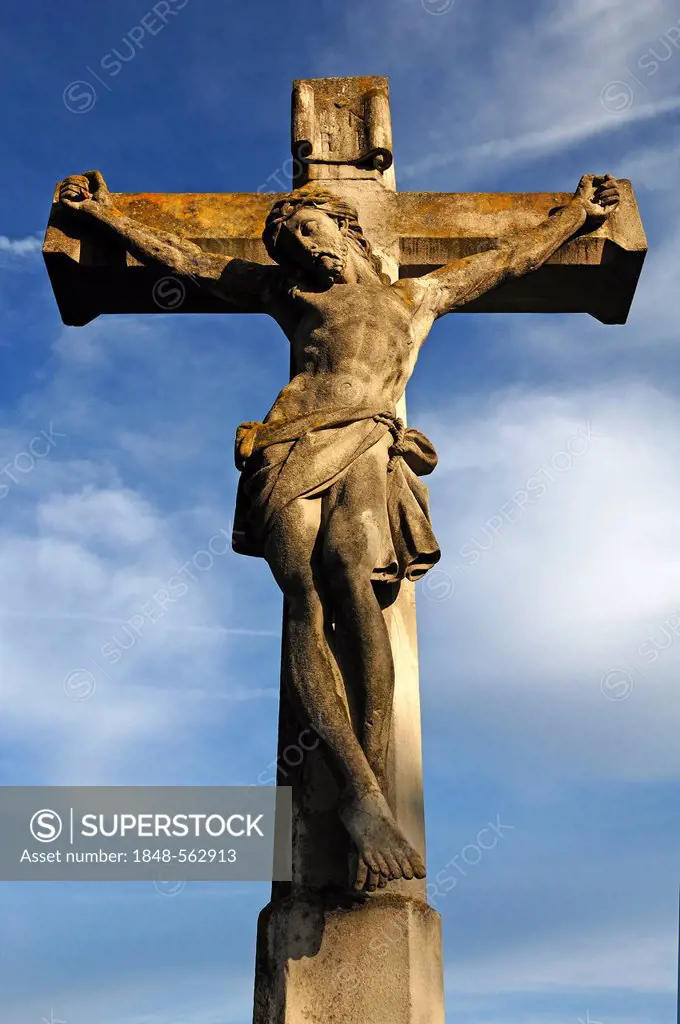Stone crucifix by the wayside, Theres, Lower Franconia, Bavaria, Germany, Europe