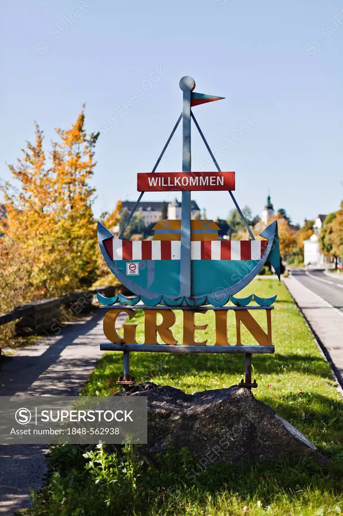 Welcome sign at the entrance to Grein on the Danube River, Upper Austria, Austria, Europe